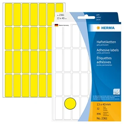 Obrázek HERMA 2361 víceúčelové etikety, 896 kusů, 13 x 40 mm, 28 na arch, samolepicí, štítky pro domácnost k popisování, matné, prázdné papírové samolepicí žluté