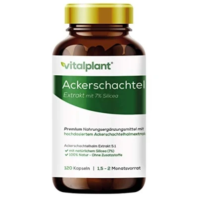 Obrázek Vitalplant® Extrakt z přesličky rolní 500 mg v hnědém skle 120 kapslí výtažek ve vysokých dávkách (5:1) s organickým křemíkem veganská