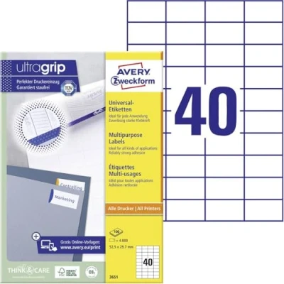 Obrázek AVERY Zweckform Univerzální etikety 3651 (4 000 lepicích etiket, 52,5 x 29,7 mm na A4, papír matný, individuálně potisknutelný, samolepicí nálepka s ultragrip) 100 listů, bílá