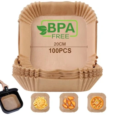 Obrázek AiQInu Pečicí papír pro horkovzdušnou fritézu, 100 kusů 20 cm bez BPA do horkovzdušné fritézy hranatý vodotěsný olejovzdorný Liner Airfryer příslušenství, fritézu pec