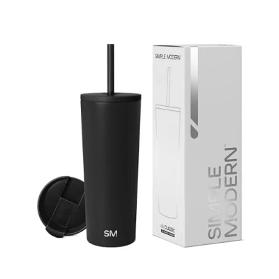 Obrázek Simple Modern Termohrnek s brčkem a víčkem Pohárek na pití uchem opakovaně použitelná ušlechtilá ocel Dárky pro ženy muže Classic 710 ml Midnight Black