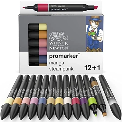 Obrázek Winsor &amp; Newton 0290143 ProMarker, profesionální layoutmarker 2 hroty, jemné a široké pro kreslení, design rozvržení sada 13 barev manga steampunk