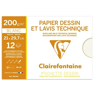 Obrázek Clairefontaine 96258C Mappe Zeichenpapier (ideal für technische Zeichnungen, DIN A4, 21 x 29,7 cm, 12 Bögen, 200 g) weiß