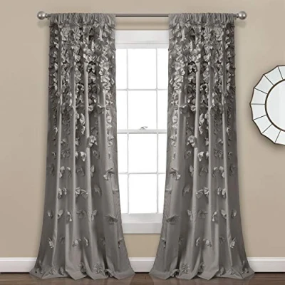 Obrázek Lush Decor Riley okenní závěs, poloprůhledný, strukturovaná mašle, panel pro obývací pokoj, jídelnu, ložnici (jednolůžko), 137 cm Š x 213 L, šedý