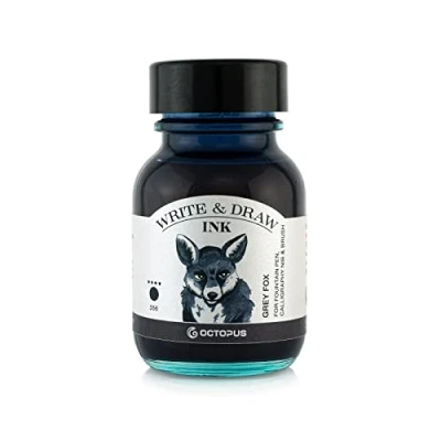 Obrázek Octopus Write and Draw Ink 356 Grey Fox, voděodolný inkoust pro psaní a kreslení, kaligrafický inkoust, stálobarevný kreslicí tuš plnicí pero, šedý, 50 ml