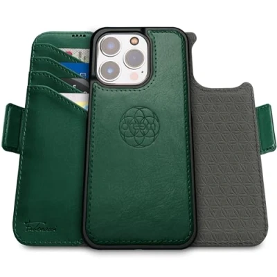 Obrázek Dreem Fibonacci iPhone 15 pro Max pouzdro na peněženku / 2 v 1 nárazuvzdorné MagSafe a odnímatelné luxusní veganské kožené fólie s RFID ochranou karty stojanem; ženy muže zelené