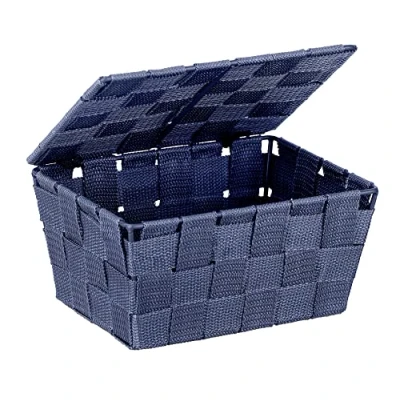 Obrázek WENKO Koupelnový koš s víkem Mod. Adria pro koupelny a domácnost Skladování ve vzhledu pletiva tmavě modrý plast 100% polypropylen rozměry 19 x 10 14 cm