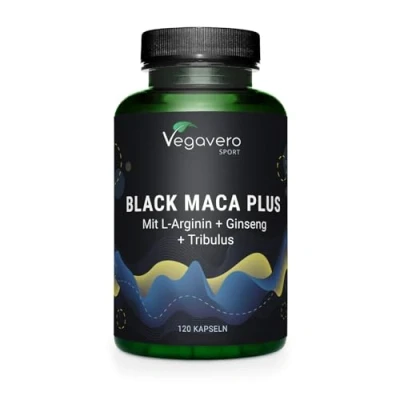 Obrázek Black Maca 5000 mg + L arginin Booster s tribulus, ženšen, zinek černá vysoká dávka: 10:1 extrakt veganský a bez přísad 120 kapslí německá výroba Vegavero®