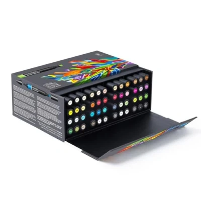 Obrázek Winsor &amp; Newton 290067 ProMarker Box, profesionální popisovač na rozložení s barevným pokrytím bez šmouh 2 hroty, jemné a široké pro výkresy, design sada 48 barev, 1 kus (balení ks)
