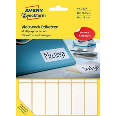 Obrázek Avery Zweckform 3327 samolepicí etikety pro domácnost (50 x 19 mm, 486 nálepek na 27 arších, univerzální domácnost, školu a kancelář k popisování označování) prázdné, bílé