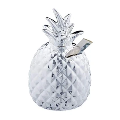 Obrázek Relaxdays Pokladnička ananas, dekorační figurka, prasátko se zámkem, 2 klíče, keramická pokladnička, V x D 16 9 cm, stříbrná, 1 kus