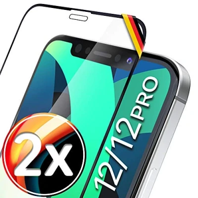Obrázek UTECTION 2x ochranné sklo Full Screen pro iPhone 12/12 Perfektní tvar od německého poskytovatele snadná aplikace &gt; netvoří bubliny, maximální tvrdost skla dlouhodobou ochranu