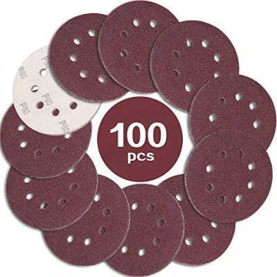 Obrázek STEBRUAM 100 kusů brusného papíru 125 mm suchý zip zrnitost 80, Profi brusné kotouče kulaté 8 otvorů pro excentrickou brusku
