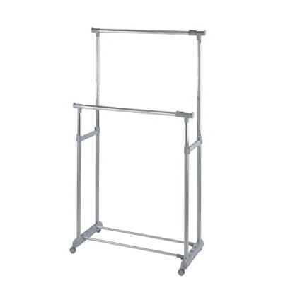 Obrázek WENKO Stojan na šaty Twin Bars, věšák oblečení s kolečky, nastavitelné šatní tyče a odkládací plocha, plast/kov, 88 x 100 168 11 49 cm, chrom/šedá