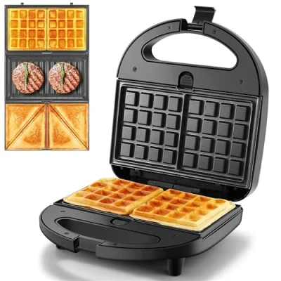 Obrázek YASHE Multifunkční zařízení 3 v 1, sendvičovač, kontaktní gril, vaflovač, stroj na vafle, Panini, odnímatelné desky s nepřilnavým povrchem, 750 W, LED displeje, bez BPA, černý