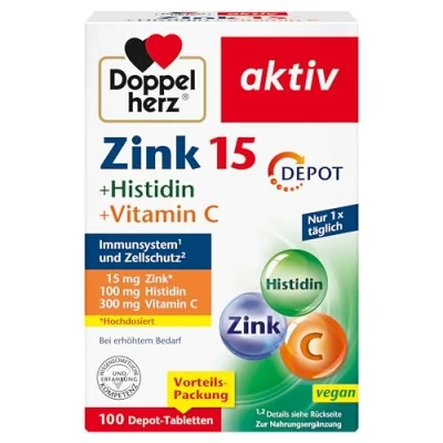 Obrázek Doppelherz Zinek 15 + histidin vitamin C mg zinku jako příspěvek k normální funkci imunitního systému a zachování pokožky 100 veganských tablet Depot