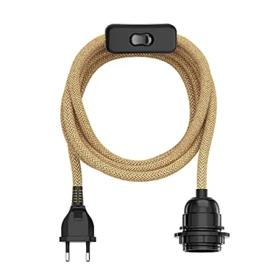 Obrázek ledscom.de Konopný kabel/textilní kabel LEKA, zástrčka, spínač, béžová, 3 m, objímka lampy, 1x E27 max. 60 W, LED, Diy, nástěnné svítidlo, žárovka, jídelní stůl, E27, textilní kabel,