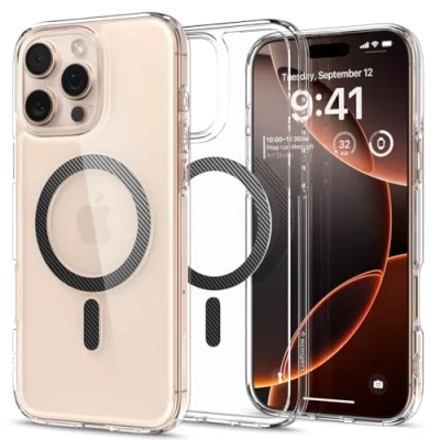 Obrázek Spigen Pro iPhone 16 Max pouzdro [Anti Yellowing] Ultra Hybrid MagFit Case obal na mobil průhledný tenký kompatibilní s MagSafe Carbon Fiber