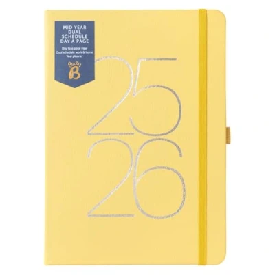 Obrázek Busy B A5 Day A Page Diary Mid Year Academic Dual Schedule Planner Aug &#039;25 &#039;26 Yellow Vegan Leather with Space for Two schedules, Lined Pages, Notes &amp;