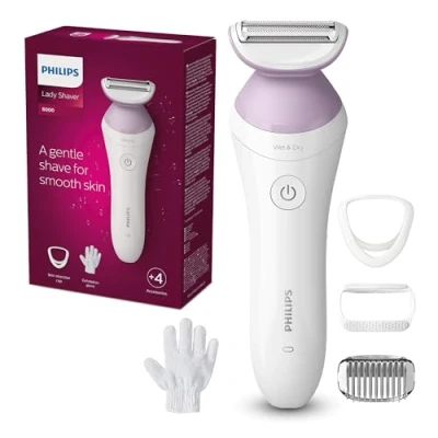 Obrázek Philips Lady Shaver Series 6000 bezdrátový holicí strojek na mokré a suché holení se 4 díly příslušenství, rukavice peeling, hřebenový nástavec (model BRL136/00)