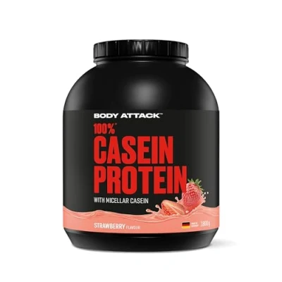 Obrázek Body Attack 100% CASEIN Protein Strawberry, dóza 1,8 kg vysoce kvalitní proteinový prášek pro růst svalů trénink dlouhotrvající zásobování bílkovinami ideální doplněk k Whey