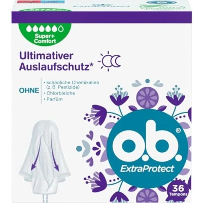 Obrázek o.b. tampony ExtraProtect Super + Comfort (36 kusů), pro velmi silné dny, technologie Dynamic Fit a extra ochranná křídla až 100% ochranu proti vytečení během období