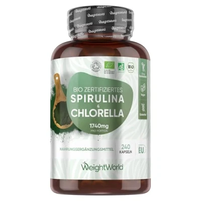 Obrázek Bio Spirulina &amp; Chlorella 3 měsíce zásoba 1500 mg prášek pouze ve 2 kapslích certifikované přísady 180 Veganské kapsle Super Greens bez přísad alternativa k lisování WeightWorld
