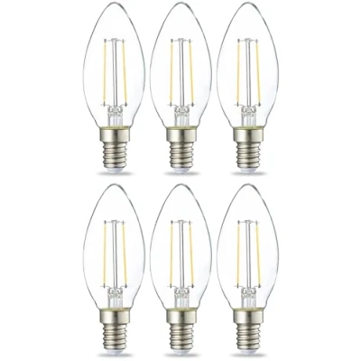Obrázek Amazon Basics LED světelný zdroj ve tvaru svíčky, malý šroubovací závit Edison (E14), 2,1 W (odpovídá 25wattové žárovce), čiré vlákno, nestmívatelné, 6 kusů, teplá bílá