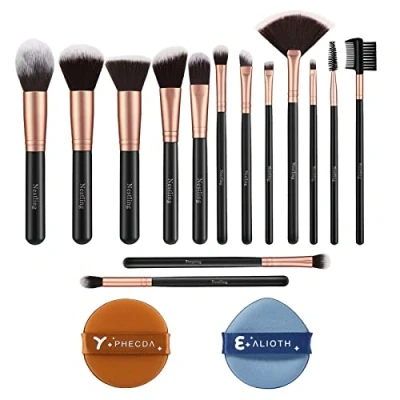 Obrázek Nestling Make up Pinsel Set mit 2 Puderquasten, hochwertige synthetische Kabuki für Foundation, Gesicht, Puder, Rouge, Lidschatten, tierversuchsfrei, 14 teilig