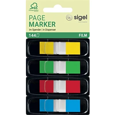 Obrázek SIGEL HN495 zvýrazňovač Mini v dávkovači, 144 proužků ve formátu 12 x 43 mm, žlutá, zelená, červená, modrá