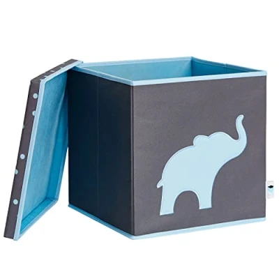 Obrázek LOVE IT STORE Úložný box s víkem Kallax boxy z látky vyztužené dřevem čtvercový, stabilní šedý modrým dinosaurem 33 x cm