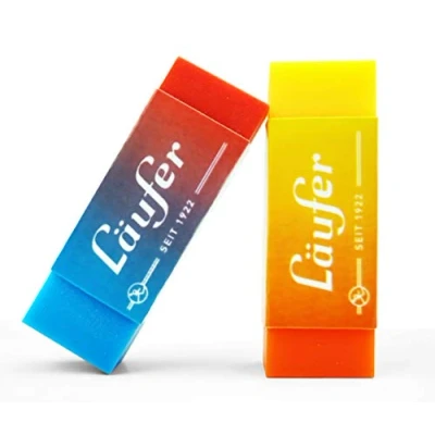 Obrázek Läufer 69825 Plast Color mazací guma, dvoubarevná, gumuje spolehlivě tužky a pastelky, blistrová karta obsahuje 2 pásky do školy, na doma kanceláře, dvoubarevné oranžovo žluté