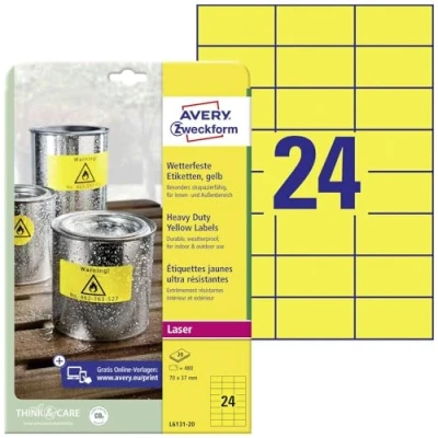Obrázek Avery Zweckform L6131 20 Venkovní pro displej etikety (A4, 480 etikety, odolný proti povětrnostním vlivům, 70 x 37 mm) listů, Žlutá