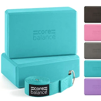 Obrázek Core Balance Yoga Blocks im Doppelpack &amp; GRATIS Gurt, 2 STK. Eva Schaumstoff Blöcke, robust leicht, Riemen aus Baumwolle mit innovativem D Ring Verschluss, ideal für Pilates, 5 versch. Farben