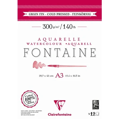 Obrázek Clairefontaine 975950C akvarelový blok Fontaine DIN A3 29,7 x 42 cm, s 12 archy 300 g jemnozrnný, oboustranně lepený, 1