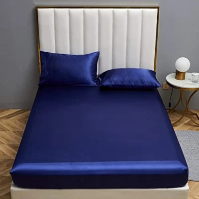 Obrázek Damier Saténové napínací prostěradlo 90 x 200 cm modré lesklé hedvábné vysoce kvalitní Deluxe jednobarevné prostěradlo, vhodné pro matrace do 30