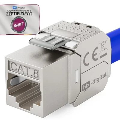 Obrázek HB DIGITAL 1x CAT 8 Keystone RJ45 modul zdířka pro LAN kabel certifikováno GHMT 40 Gbit/s až 2000 MHz AWG 22 26 bez použití nářadí LSA plně stíněná STP vestavná zásuvka propojovací panel a