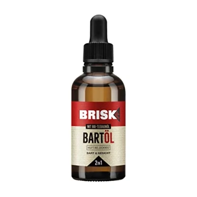 Obrázek BRISK Olej na vousy 2v1 pro muže, 50 ml, péče o s bio olejem z čajovníku, rychle se vstřebává, pěstěná pleť a měkké vousy, nemastí, holení, péči obličej