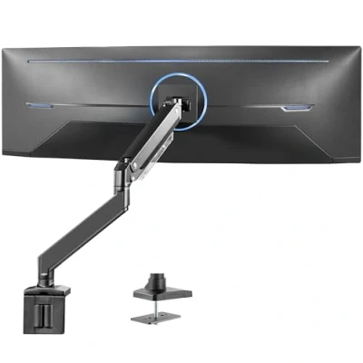 Obrázek VIVO Hochwertiger Aluminium Monitorarm für ultrabreite Monitore bis zu 124,5 cm und 15 kg, einzelner Schreibtischhalterung, pneumatische Höhe, max. VESA 100 x 100, schwarz, STAND V101G1