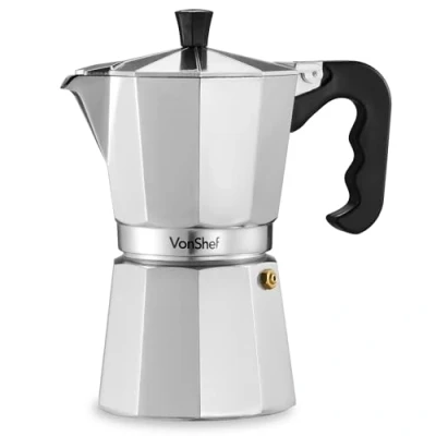 Obrázek VonShef konvice na espresso sporák, 300 ml italský kávovar z hliníku pro plynové a elektrické sporáky moka 6 šálků s náhradním těsněním filtrem