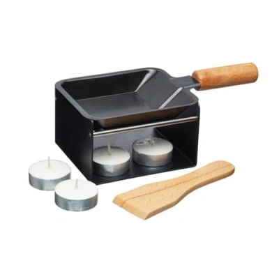 Obrázek Artesà mini raclette gril samostatná sada pro 1 2 osoby, kovová konstrukce, pánve s nepřilnavým povrchem, dřevěná špachtle a svíčky, černá/béžová