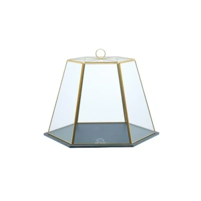 Obrázek Artesà Geometrische Tortenglocke aus Glas, Käseglocke mit Deckel, Servierbrett Schiefer, 31 x 27,5 25cm, Messing Effekt