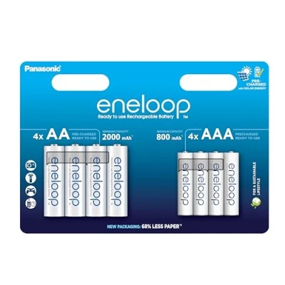 Obrázek eneloop, Baterie AA/Mignon + AAA/Micro NI MH, 8dílné balení, kapacita s min. 2000 800 mAh, Ready to Use MH baterie, dobíjení až 2000krát, balení bez plastů, standardní, bílá