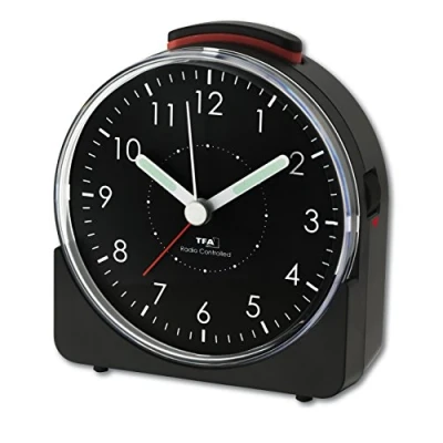 Obrázek TFA Dostmann Sunrise analogový rádiový budík, tichý hodinový strojek, 60.1513.01, s budíkem, 10,2 x 4,6 11 cm, černý, plast