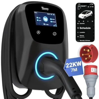 Obrázek Tera EV nabíječka Smart APP s 32A typ 2 22kW nebo 11kW domácí nabíjecí stanice 400V CE &amp; TÜV Wallbox 7m kabel držákem nabíječky řízení aplikací CEE 3fázový konektor pro všechny EVS a PHEVs