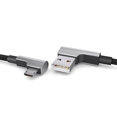 Obrázek PAXO 2m nylonový mikro USB kabel černý, 90 stupňů úhlový konektor, na nabíjecí kabel, datový 2.0