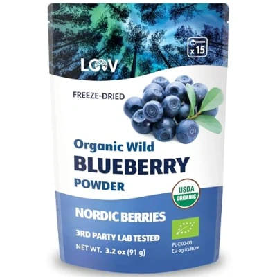 Obrázek LOOV Organický divoký borůvkový prášek zásoba na 15 dní, 91 g, vhodný pro smoothie a snídani, zmrazený sušený, ze severní Evropy, bez přidaného cukru