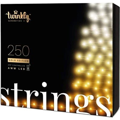 Obrázek Twinkly Strings LED světelný řetěz ovládaný aplikacemi s 250 AWW (jantarový, teplá bílá, studená bílá) LED. 20 metrů. Černý kabel. Inteligentní osvětlení pro vnitřní i venkovní použití