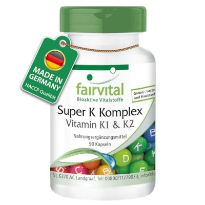 Obrázek Fairvital Vitamín K komplex 90 kapslí Super s vitamínem K1 &amp; K2 MK 7 2200µg Vitamin v jedné kapsli vysoké dávky fytomenadion + menaquinon VEGAN