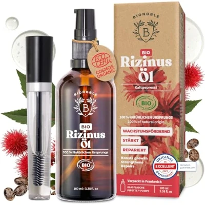 Obrázek Bionoble Ricinový olej bio 100 ml % čistý, přírodní, lisovaný za studena řasy, obočí, vlasy, vousy, nehty Vegan, Cruelty Free Castor Oil skleněná láhev + pipeta pumpička řasenka Kit